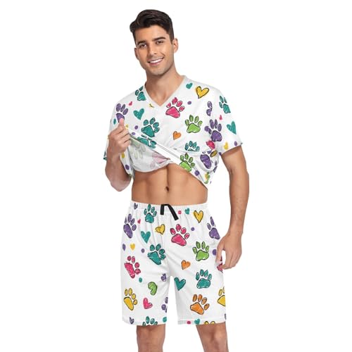 Colorful Paw Print Men’s Pajama Sets Short Sleeve Shirt and Pants with Soft Touch Fabric3