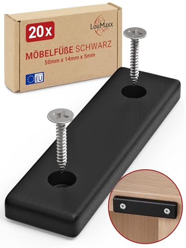 LouMaxx Möbelgleiter Kunststoff – Bodenabstandshalter 50 x 14 x 5 mm – Kunststoffgleiter zum Anschrauben im praktischen Mehrfachpack – 20er Set Mini Möbelfüße schwarz inkl. Schrauben