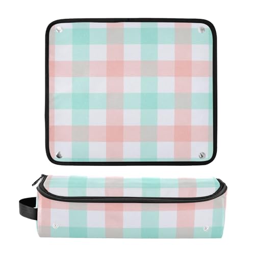Bolsa de viaje para herramientas de cabello y tapete resistente al calor con cierre para planchas, rizadores y secadores. Organizador impermeable portátil con diseño a cuadros pastel brillante. miniatura 3