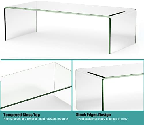 Multigot 12mm Glass Coffee Table, Rectangular Clear Curved Tea End Table, Modern Crystal Tempered Occasional Table for Living Room Office Study
