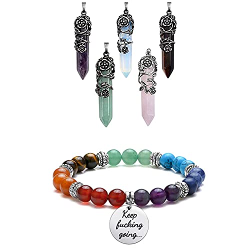 Top Plaza Bundle – 2 Items: Antique Silver Flower Wrapped Natural Quartz Gemstone Healing Crystal Necklace 5Pcs/Set & 7 Chakra Stone Bead Bracelets Friendship Inspirational Message Charm Bracelet -Kee #TOP5