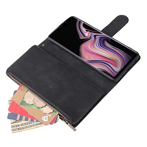 Lbyzcase Phone Case For Galaxy Note 9,Samsung Note 9 Wallet Case,Luxury Folio Flip Leather Cover[Zipper Pocket][Wrist Strap][Kickstand ] For Samsung Galaxy Note 9 (Black) #TOP3