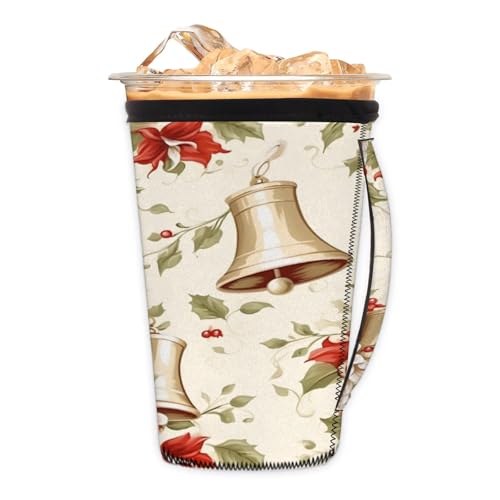 Christmas Flowers Bells Reusable Neoprene Coffee Sleeve with Handle Insulated Iced Coffee Cup Holder Reduces Condensation Fits 24-28 oz Cups M