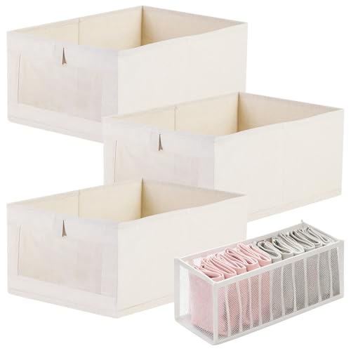 Yuaerbuo 3 Piezas Beige Cajas Organizadoras Armarios 41x28x17cm, Plegable Cajas Almacenaje Ropa Bolsa con Rejilla de 11 Compartimentos AlgodóN y Lino Caja Organizadora Ropa con Ventana Transparente