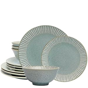 Bzyoo 12-Piece Reactive Blue Ceramic Dinnerware Set Bali Breeze Blue Elegant Table Setting for Every Occasion – Microwave & Dishwasher Safe Stackable