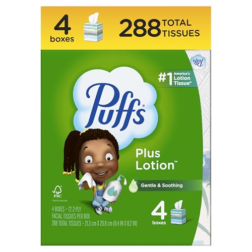Puffs Plus Lotion Facial Tissue, 4 Mega Cube Boxes, 72 Tissues per Box, Allergies and Colds
