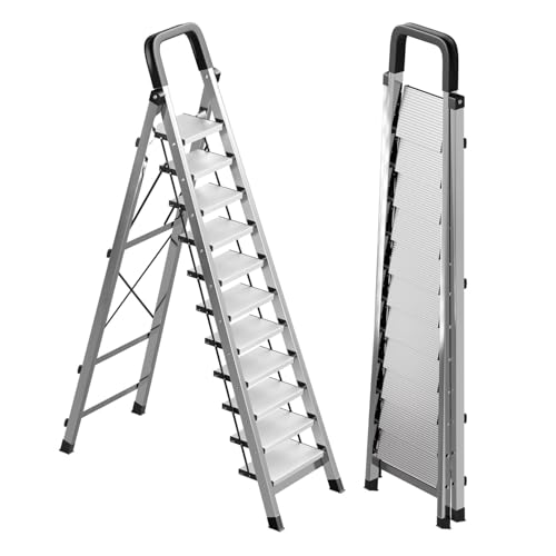 Image of 11 Step Ladder with Handrail,Folding Step Stool Heavy Duty,Protable Step Ladders with Anti-Slip Widen Pedals,Sponge Handrail,Safe-Lock Design,Tall Kitchen /Closet Step Ladder