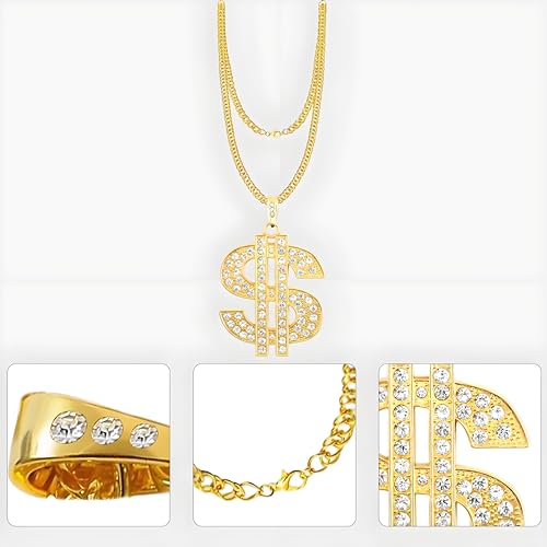 Money Chain Necklace Dollar Sign Chain Gold Dollar Sign Necklace Hip Hop Gold Money Chains For Men With Pendant, Long Big Fake Gold Necklace Golden Pendant Necklaces 90s Rapper Chains 28inch4