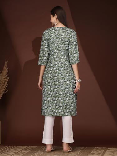 Image of Women Cotton Floral Printed Casual Straight Embroidery Kurta | Formal Kurti for Women