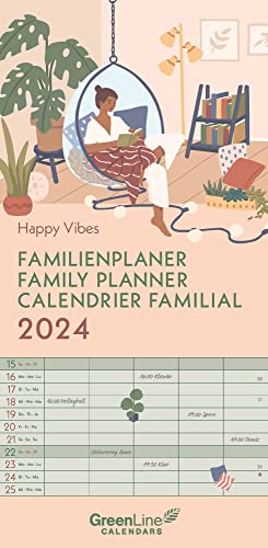 GreenLine Happy Vibes 2024 Family Planner - Family Calendar - Wall Calendar - 22 x 45 cm, Small, silver