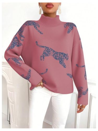 Image of WDIRARA Women's Leopard Tiger Print Sweater High Neck Long Sleeve Fuzzy Knitted Pullover Top