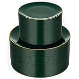 bUCLA 100PCS Green Plastic Plates - Heavy Duty Green Disposable with Gold Rim Include 50 Dinner 10 inch & 50 Dessert 7 inch Plates, Ideal for Party & Christmas