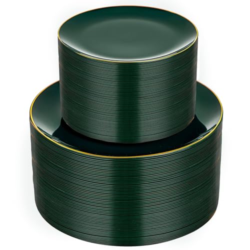 bUCLA 100PCS Green Plastic Plates - Heavy Duty Green Disposable with Gold Rim Include 50 Dinner 10 inch & 50 Dessert 7 inch Plates, Ideal for Party & Christmas bUCLA 100PCS Green Plastic Plates - Heavy Duty Green Disposable with Gold Rim Include 50 Dinner 10 inch & 50 Dessert 7 inch Plates, Ideal for Party & Christmas