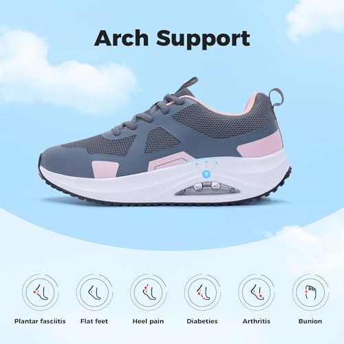 Womens Walking Shoes Orthotic Plantar Fasciitis Tennis Athletic Sneakers with Arch Support for Foot Pain Relief All Day Standing GreyPink US 8.52