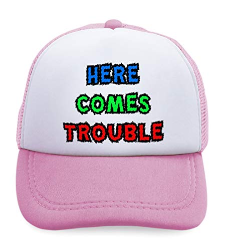 Summer Kids Trucker Hat Here Comes Trouble Style C Funny Humor Polyester Boys Girls Sun Toddler Caps Soft Pink Design Only Adjustable