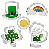 5 cortadores de galletas para el día de San Patricio, trébol/trébol, taza de cerveza, arco iris, sombrero de copa, olla de oro para suministros de fiesta irlandesa