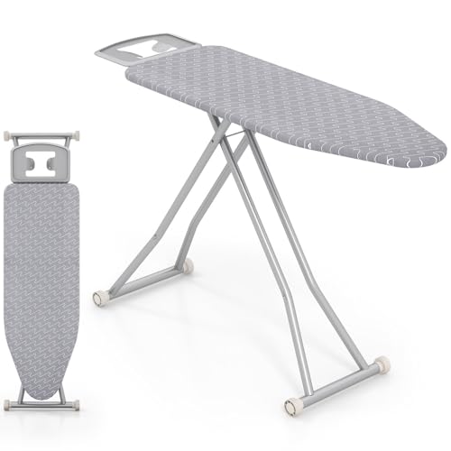 TANGZON Folding Ironing Board, 7 Height Adjustable Ironing Table with Iron Rest, Heat Reflective Cover, Safety Lock & Carbon Steel Legs, Lightweight Foldable Large Iron Stand (Grey, 120 x 38cm)
