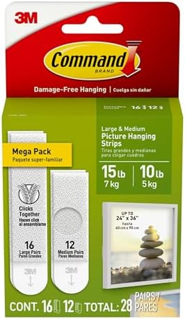 Command Medium and Large Picture Hanging Strips, Damage Free Hanging Picture Hangers, No Tools Wall Hanging Strips for Christmas Decorations, 12 Medium Pairs and 16 Large Pairs (56 Command Strips)