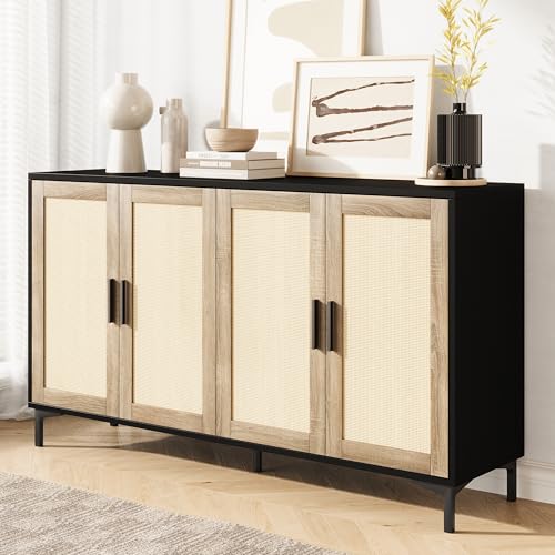 Luoxiao 123 cm Sideboard Rattan Buffetschrank mit 4 Türen Holz...