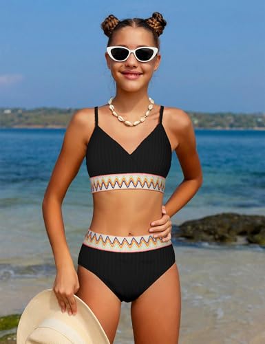 DONWEN Girls Swimsuits V Neck Bikini Set Textured High Waist Girl Two Piece Bathing Suit3