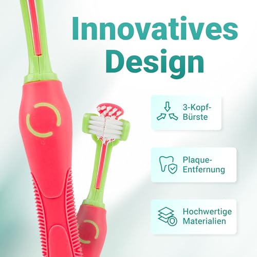 emmi-pet Zahnpflegeset für Hunde - 1x3köpfige Hundezahnbürste mit 1x Hundezahnpasta und 2x Fingerzahnbürste (Pink, Welpe - Junghund)