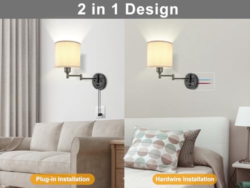 Image of Plug in Wall Sconces with Remote Control, Dimming 10%-100% & Adjustable Colors 2700K-6500K, Hardwire or Plug-in, Swing Arm Wall Lamp with White Fabric Shade, Wall Sconces Set of Two, Black Finish