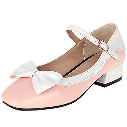 MAVMAX Women's Bow Lolita Mary Jane Shoes Cute Chunky Heel Ankle Strap Patent Leather Rockabilly Pumps