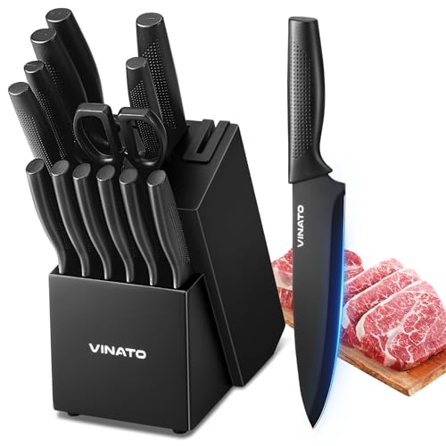 VINATO Messerset, 14-tlg Edelstahl Kochmesser Set mit Holzblock, Scharf Edelstahl Messer Set