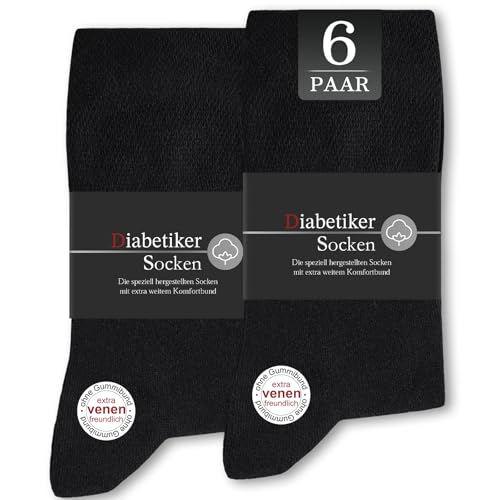SockWaddles 6 Paar Diabetikersocken ohne Gummibund & ohne Naht 97% Baumwolle, Diabetiker Socken mit Komfortbund Hautfreundlich & Atmungsaktiv baumwollsocken für Damen Herren Schwarz 47-50