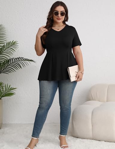 Women’s Plus Size Casual Short Sleeve Dressy Empire Waist V Neck Babydoll Peplum Tunic Tops T-Shirts4
