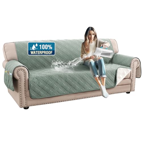 H.VERSAILTEX 100% Waterproof Slipcovers for Couches and Sofas Modern Pet Couch Cover Thick Soft Furniture Protector with Elastic Straps(Sofa, Lily Pad/Beige)