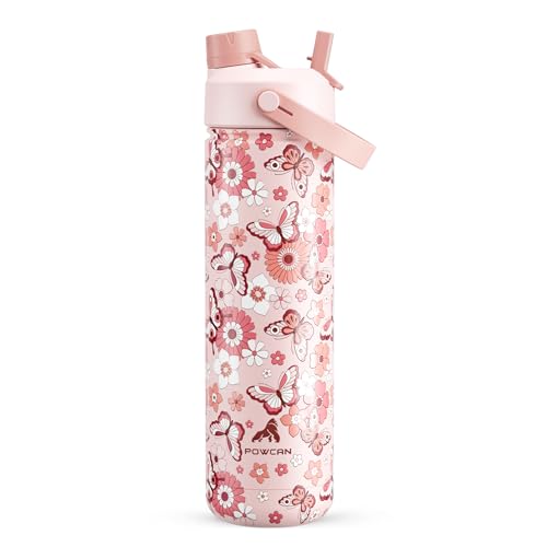 Image of POWCAN 26 oz Insulated Water Bottle with 2-in-1 Straw and Spout Lid, Keep Cold 24H, Leak-Proof, Fits in Car Cup Holder, Stainless Steel Water Bottle for Gift, Holiday, Trip, School (Aflutter in Bloom)