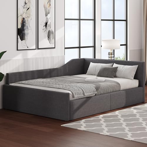 Dolamaní Hydraulisch Stauraumbett Eckbett 140x200 mit Lattenrost aus Holz, Doppelbett Leinen Polsterbett Tagesbett Gästebett für Kinder Jugendliche und Erwachsene, ohne Matratze (Grau)