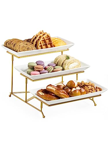 LAUCHUH 3 Tier Serving Stand with Porcelain Serving Platter Tier Serving Trays with Collapsible Sturdier Rack, Serving Dishes and Platters, Gold, 12 Inch
