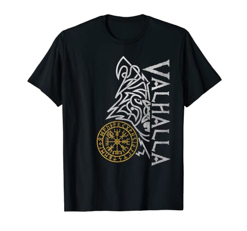 Walhalla Wolf Máscara Odin Runas bússola nórdica Viking t-shirt, Preto, S