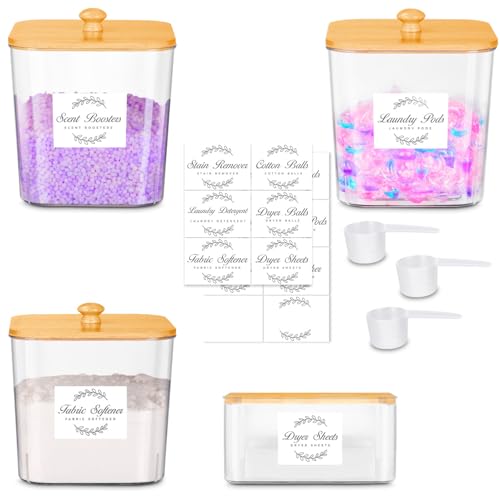 3+1 Pack Laundry Pods Container and Dryer Sheet Holder Set with Bamboo Lid and 16 Labels, Laundry Containers, Clear Laundry Room Organization Containers for Washing Pods, Powder, Scent Booster