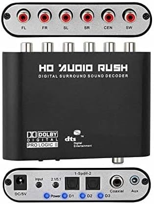 5.1/2.1 Digital Audio Decoder Converter, Optical SPDIF & Coaxial Dolby AC3 DTS to Analog 5.1CH/2.1CH Stereo for PS3, STB, DVD, Xbox 360 – Black