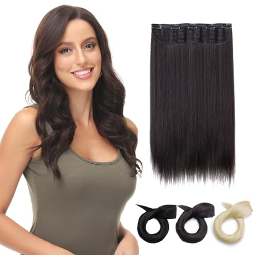 Yamel Clip in Hair Extensions One Piece 5 Clips Long 16 inch Darkest Brown Straight Synthetic Hairpieces 3/4 Full Head Clip in Hair Extension