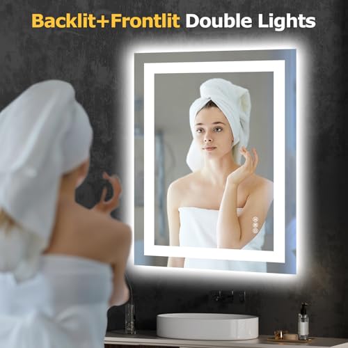 Image of Hivone 24 inchX32 inch LED Bathroom Mirror with Lights, Anti-Fog, Dimmable, Backlit + Front Lit, Smart Bathroom Vanity Mirror, Memory Function, Shatterproof, Tempered Glass (Horizontal /Vertical)