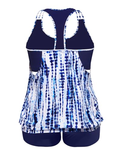 Image of Womens Plus Size Tankini Swimsuit Two Piece Tummy Control Bathing Suit | Blouson Racerback Tankini Top with Shorts, Double Up Design, Removable Pad