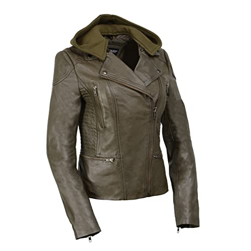 Milwaukee Leather Sfl2815 Women’s 'Hooded' Olive Leather Jacket With Asymmetrical Zipper - Medium #TOP11