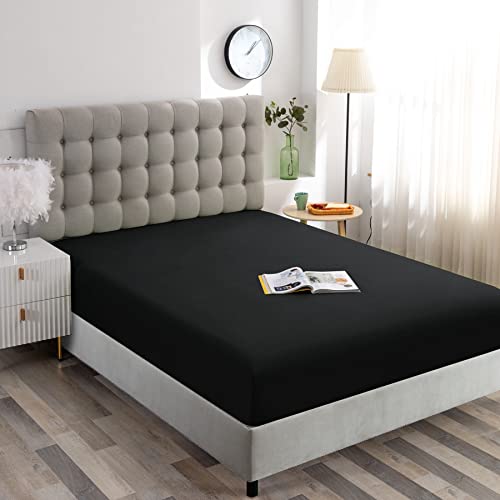 Image of Ghooss Full Size Fitted Sheet,Hotel Quality Bedding Fitted Sheet Deep Pocket up to 14 Inch,Wrinkle and Fade Resistant,1 Piece,Black