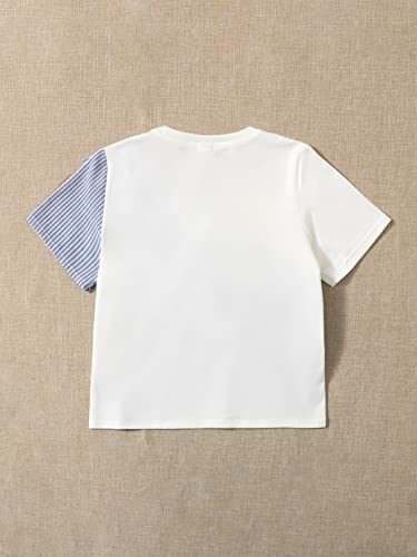Image of OYOANGLE Girl's Colorblock Striped Print Ruffle Trim Short Sleeve T Shirts Round Neck Casual Shirt Tops Blue and White 8Y