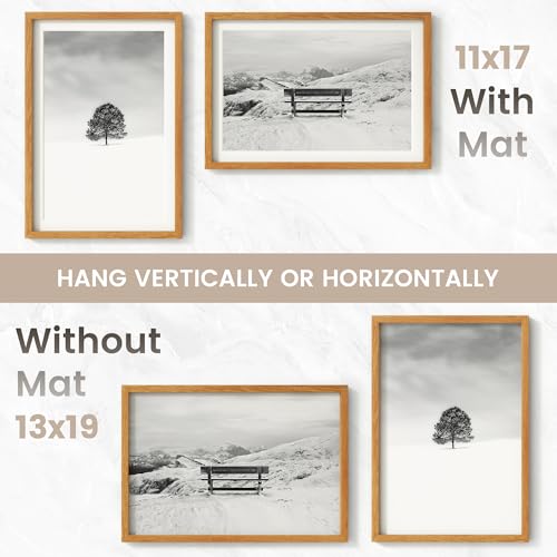Image of 13x19 Picture Frame, USA-Sourced Natural Teak Wood Photo Collage Frame with HD Tempered Glass, Modern Simple 13x19 Wooden Frame Matted to 11x17, Vertical & Horizontal Wall Hanging Display