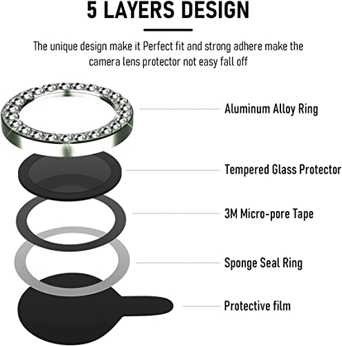 Image of Camera Lens Protector Tempered Glass Screen Protector, Anti-Scratch Premium Tempered Glass Film Aluminum Alloy 3D Lens Ring Cover for IPgone 13 Pro-For iPhone 13 Pro Max - (3 Pack, Alphine Green Diamond