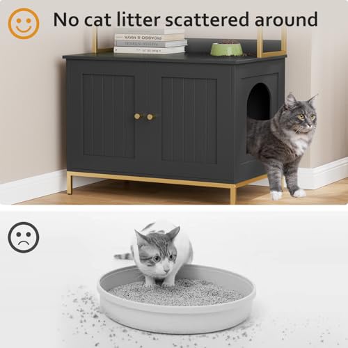 Homhedy Cat Litter Box Enclosure, Litter Box Furniture Hidden with 2-Tier Storage Shelves, Wooden Cat Washroom Furniture with Metal Frame, Modern Style, Black and Gold