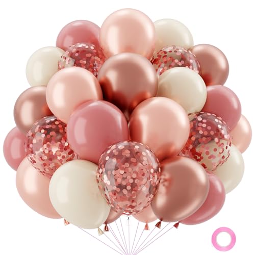 QIFU Ballon Rose Rétro-50 Pièces 12Pouces Ballons Anniversaire Rose Gold,Metallique Pastel, Beige Et Confetti Ballon Helium Pour Décoration Anniversaire...