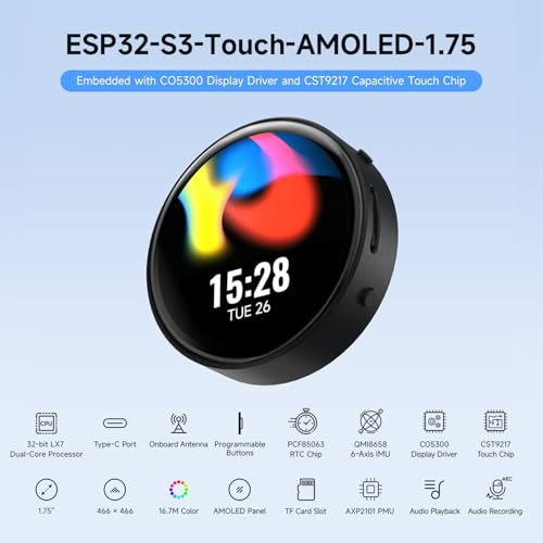 Waveshare ESP32-S3 1.75inch AMOLED Round Touch Display Development Board, 32-bit LX7 Dual-core, 466×466, QSPI, Dual Digital Microphones Array, ESP32 with Display, with Case - Image 4