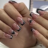 24Pcs Black Heart Press on Nails Medium Coffin French Tip Fake Nails Stars Heart with Glitter Design Glue on Nails Glossy French Tips Acrylic Nails for Women Girls Manicure Nail Decoration