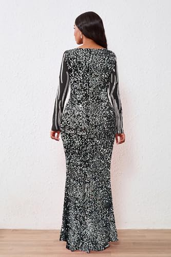 Image of VERWIN Women's Sequins Bodycon Round Neck Long Sleeve Sparkly Mermaid Maxi Dress for Casual Party Cocktail